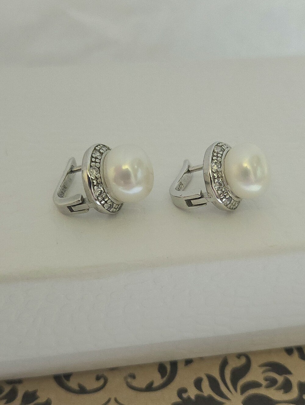 Genuine White Pearl & White Topaz Halo Sterling Silver Earrings French Clip Back